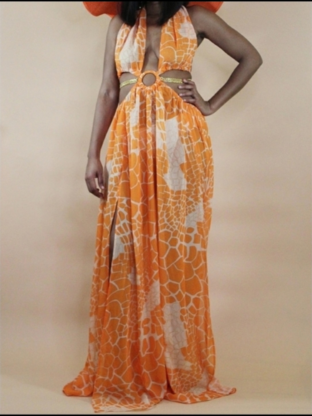 Luxxel Orange and White Halter Maxi with Ring Waist - Picture 3 of 7